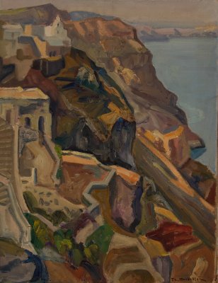 Santorini Evening with Agios Minas — Oil painting, Canvas, 50.00×65.00cm — Theodoros Markellos